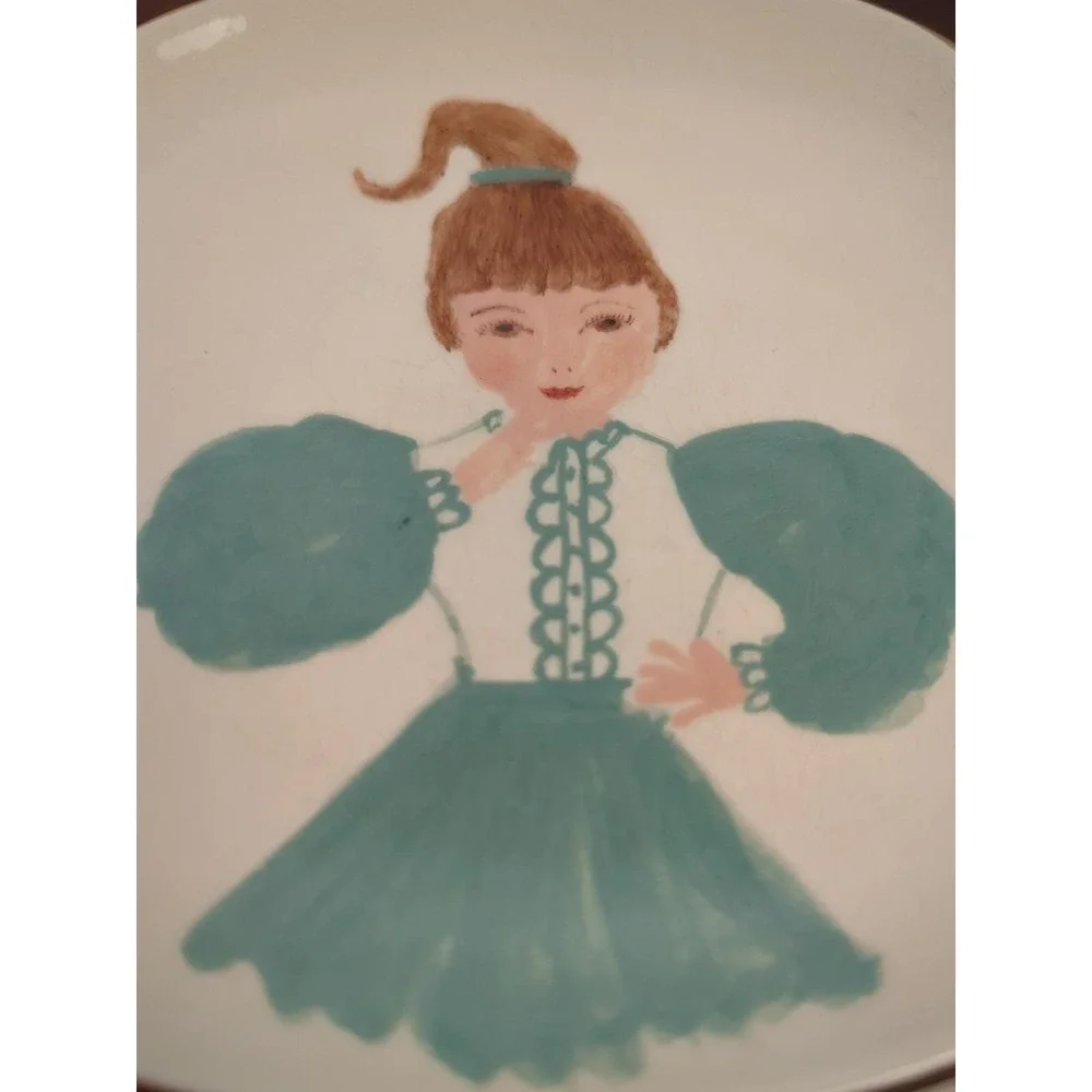 Vintage Little Girl Ceramic Trinket Dish Mid Century Nursery Plate Teal Gold